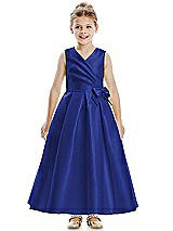 Front View Thumbnail - Cobalt Blue Faux Wrap Pleated Skirt Satin Twill Flower Girl Dress with Bow