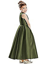 Rear View Thumbnail - Olive Green Faux Wrap Pleated Skirt Satin Twill Flower Girl Dress with Bow