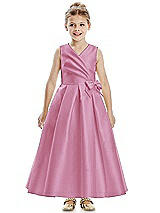 Front View Thumbnail - Powder Pink Faux Wrap Pleated Skirt Satin Twill Flower Girl Dress with Bow