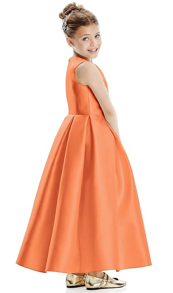 Back View - Portofino Orange Faux Wrap Pleated Skirt Satin Twill Flower Girl Dress with Bow