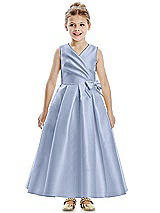 Front View Thumbnail - Sky Blue Faux Wrap Pleated Skirt Satin Twill Flower Girl Dress with Bow