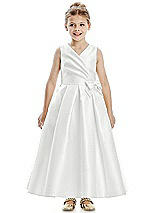 Front View Thumbnail - White Faux Wrap Pleated Skirt Satin Twill Flower Girl Dress with Bow