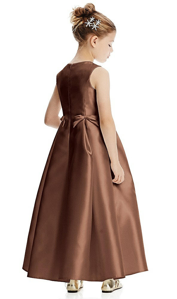 Back View - Cognac Princess Line Satin Twill Flower Girl Dress with Bows