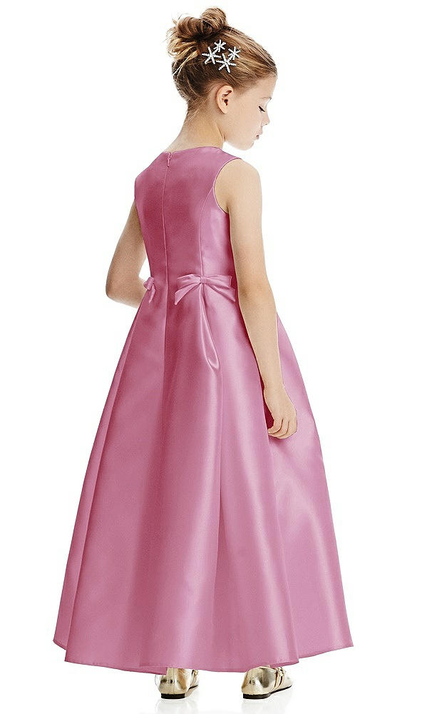 Back View - Powder Pink Princess Line Satin Twill Flower Girl Dress with Bows