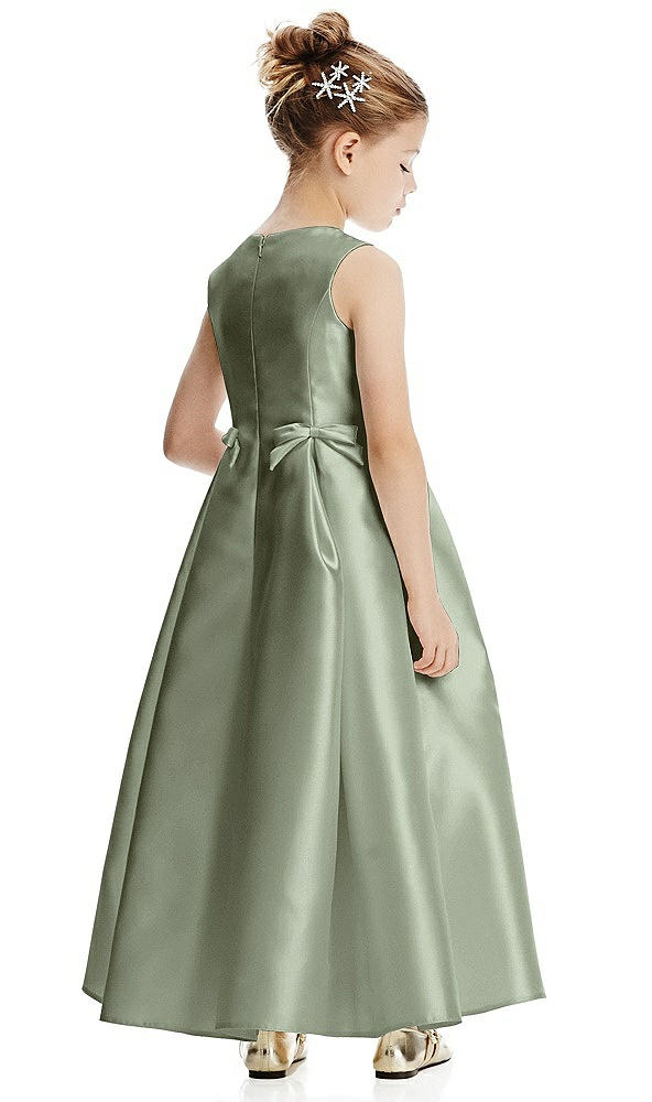 Back View - Sage Princess Line Satin Twill Flower Girl Dress with Bows