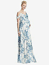 Front View Thumbnail - Cottage Rose Dusk Blue Draped Cold-Shoulder Chiffon Maternity Dress