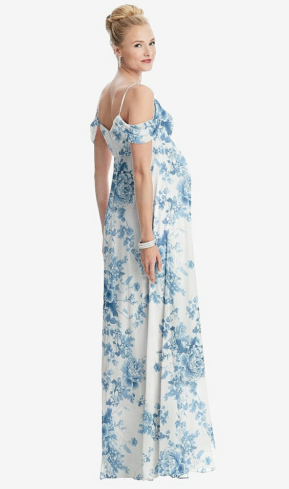Back View - Cottage Rose Dusk Blue Draped Cold-Shoulder Chiffon Maternity Dress