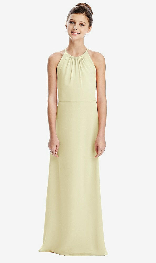 Back View - Butter Yellow Shirred Jewel Neck Chiffon Juniors Dress