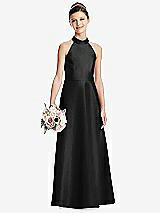 Front View Thumbnail - Black Halter Open-back Satin Junior Bridesmaid Dress with Pockets