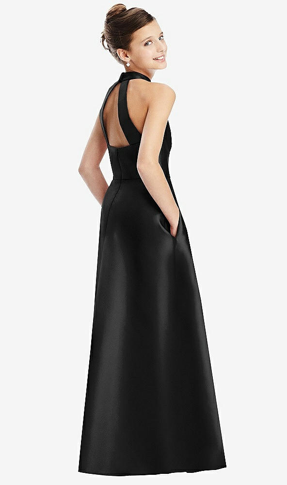 Back View - Black Halter Open-back Satin Junior Bridesmaid Dress with Pockets