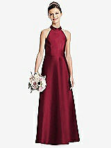 Front View Thumbnail - Burgundy Halter Open-back Satin Junior Bridesmaid Dress with Pockets