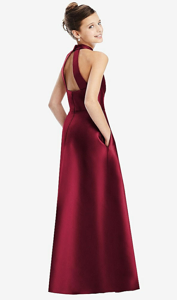 Back View - Burgundy Halter Open-back Satin Junior Bridesmaid Dress with Pockets