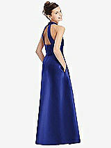 Rear View Thumbnail - Cobalt Blue Halter Open-back Satin Junior Bridesmaid Dress with Pockets
