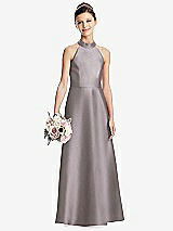 Front View Thumbnail - Cashmere Gray Halter Open-back Satin Junior Bridesmaid Dress with Pockets