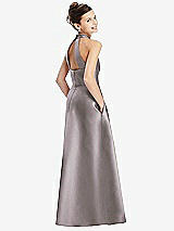 Rear View Thumbnail - Cashmere Gray Halter Open-back Satin Junior Bridesmaid Dress with Pockets