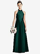 Front View Thumbnail - Evergreen Halter Open-back Satin Junior Bridesmaid Dress with Pockets