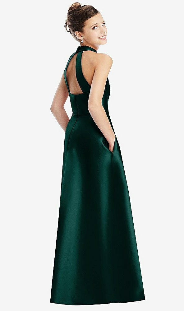 Back View - Evergreen Halter Open-back Satin Junior Bridesmaid Dress with Pockets