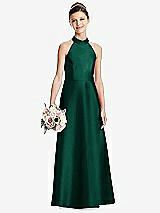 Front View Thumbnail - Hunter Green Halter Open-back Satin Junior Bridesmaid Dress with Pockets