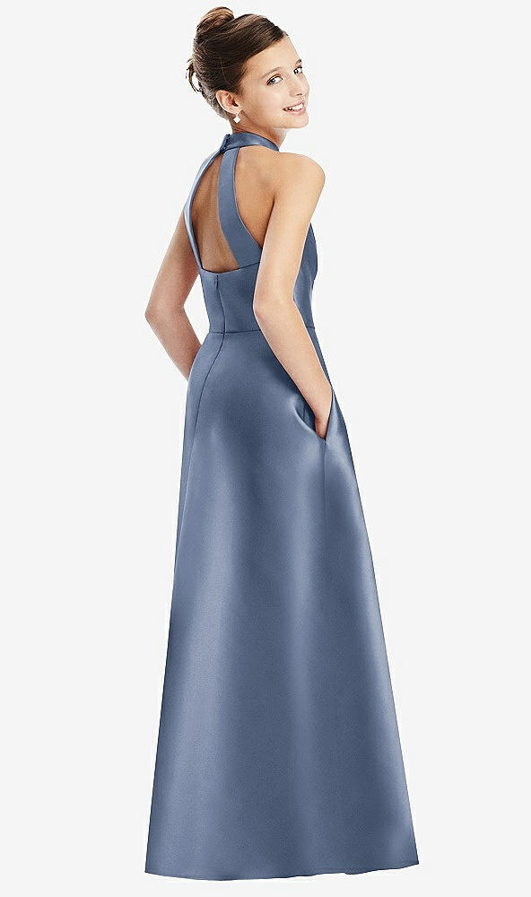 Back View - Larkspur Blue Halter Open-back Satin Junior Bridesmaid Dress with Pockets