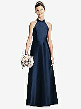 Front View Thumbnail - Midnight Navy Halter Open-back Satin Junior Bridesmaid Dress with Pockets