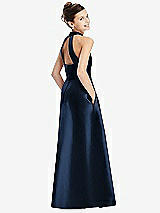 Rear View Thumbnail - Midnight Navy Halter Open-back Satin Junior Bridesmaid Dress with Pockets