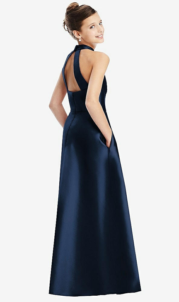 Back View - Midnight Navy Halter Open-back Satin Junior Bridesmaid Dress with Pockets