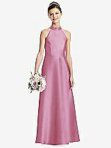 Front View Thumbnail - Powder Pink Halter Open-back Satin Junior Bridesmaid Dress with Pockets