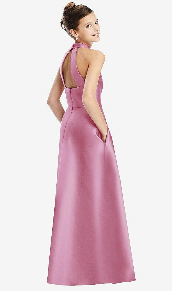 Back View - Powder Pink Halter Open-back Satin Junior Bridesmaid Dress with Pockets