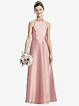 Front View Thumbnail - Rose Halter Open-back Satin Junior Bridesmaid Dress with Pockets