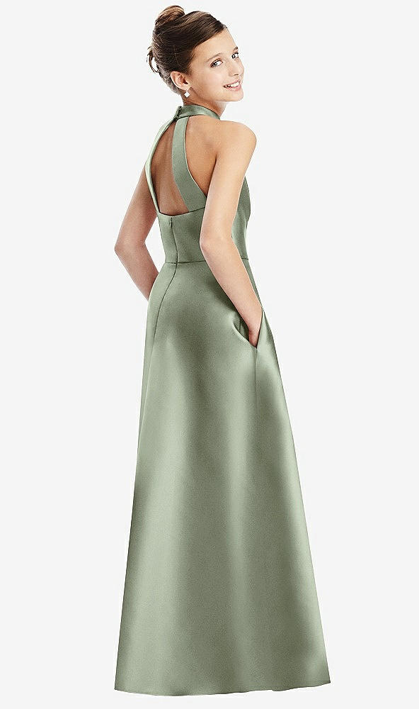 Back View - Sage Halter Open-back Satin Junior Bridesmaid Dress with Pockets