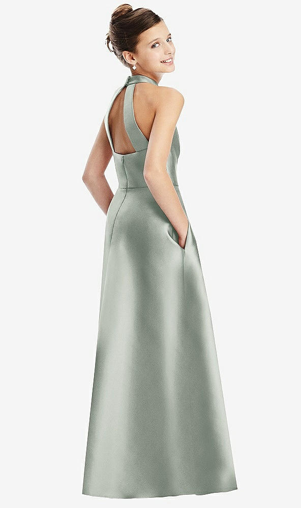 Back View - Willow Green Halter Open-back Satin Junior Bridesmaid Dress with Pockets