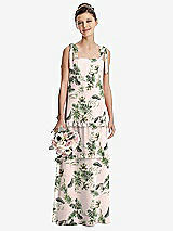 Front View Thumbnail - Palm Beach Print Tie-Shoulder Juniors Dress with Tiered Ruffle Skirt