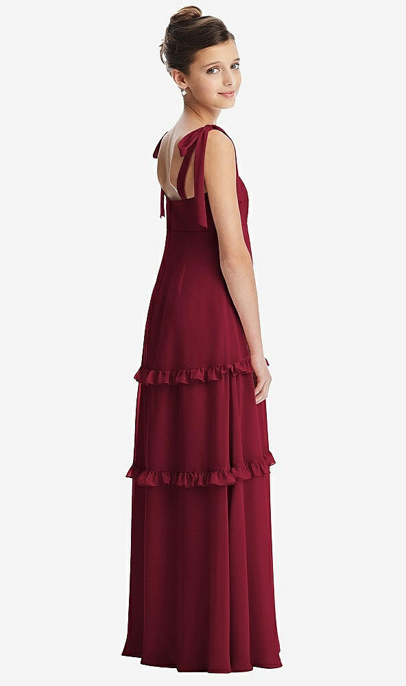 Back View - Burgundy Tie-Shoulder Juniors Dress with Tiered Ruffle Skirt