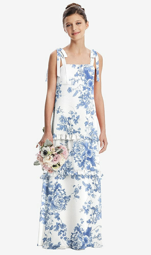 Front View - Cottage Rose Dusk Blue Tie-Shoulder Juniors Dress with Tiered Ruffle Skirt