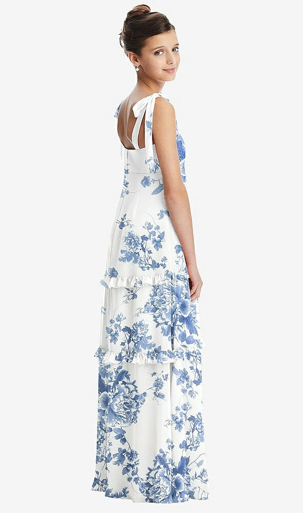 Back View - Cottage Rose Dusk Blue Tie-Shoulder Juniors Dress with Tiered Ruffle Skirt