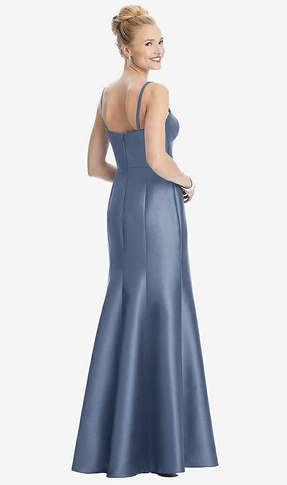 Back View - Larkspur Blue Bustier Bodice Satin Trumpet Gown