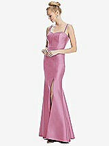 Front View Thumbnail - Powder Pink Bustier Bodice Satin Trumpet Gown