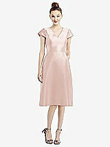 Front View Thumbnail - Blush Cap Sleeve V-Neck Satin Midi Dress with Pockets