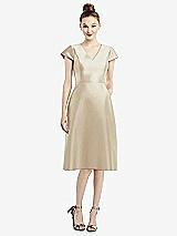 Front View Thumbnail - Champagne Cap Sleeve V-Neck Satin Midi Dress with Pockets