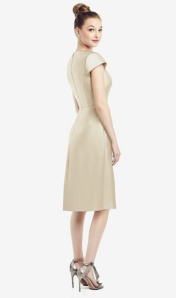 Back View - Champagne Cap Sleeve V-Neck Satin Midi Dress with Pockets