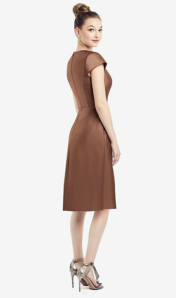 Back View - Cognac Cap Sleeve V-Neck Satin Midi Dress with Pockets