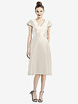 Front View Thumbnail - Ivory Cap Sleeve V-Neck Satin Midi Dress with Pockets