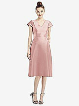 Front View Thumbnail - Rose Cap Sleeve V-Neck Satin Midi Dress with Pockets