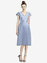 Front View Thumbnail - Sky Blue Cap Sleeve V-Neck Satin Midi Dress with Pockets