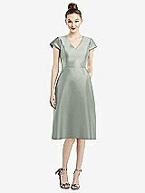 Front View Thumbnail - Willow Green Cap Sleeve V-Neck Satin Midi Dress with Pockets