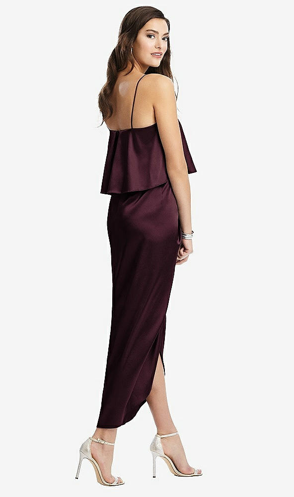 Back View - Bordeaux Popover Bodice Midi Dress with Draped Tulip Skirt