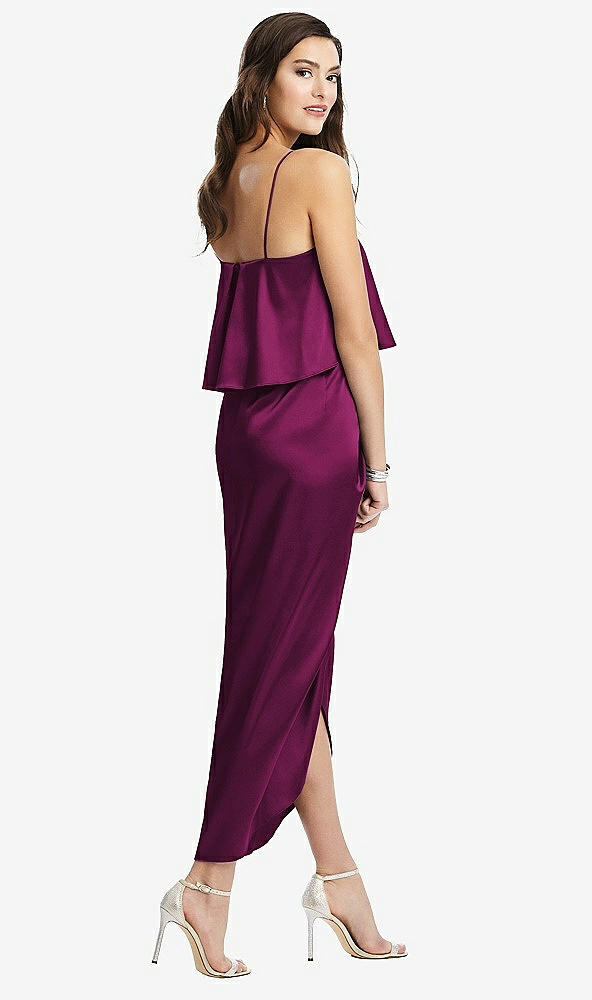 Back View - Merlot Popover Bodice Midi Dress with Draped Tulip Skirt