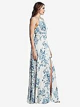 Side View Thumbnail - Cottage Rose Dusk Blue High Neck Chiffon Maxi Dress with Front Slit - Lela