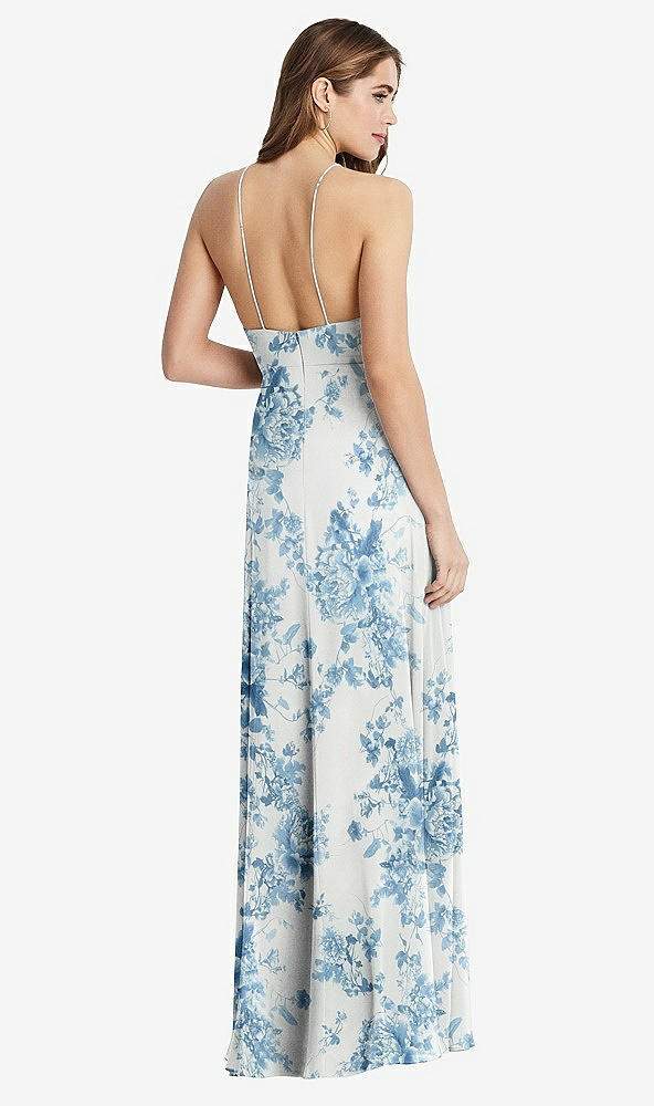Back View - Cottage Rose Dusk Blue High Neck Chiffon Maxi Dress with Front Slit - Lela