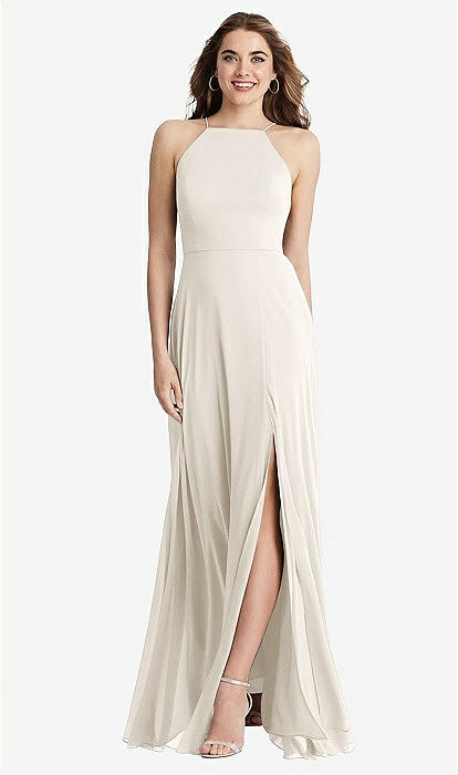 High Neck Chiffon Maxi Bridesmaid Dress With Front Slit - Lela In Ivory |  The Dessy Group